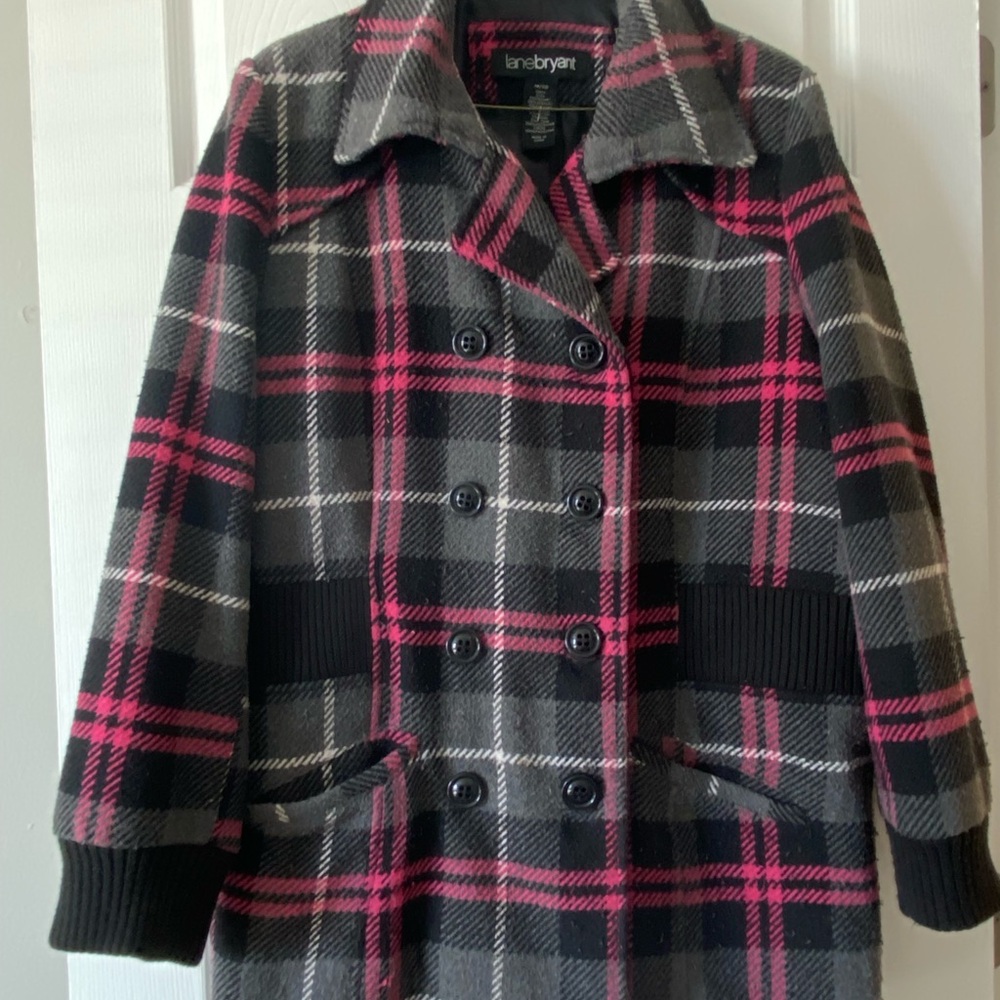 Lane Bryant Black and Pink Peacoat with Classic Plaid Design